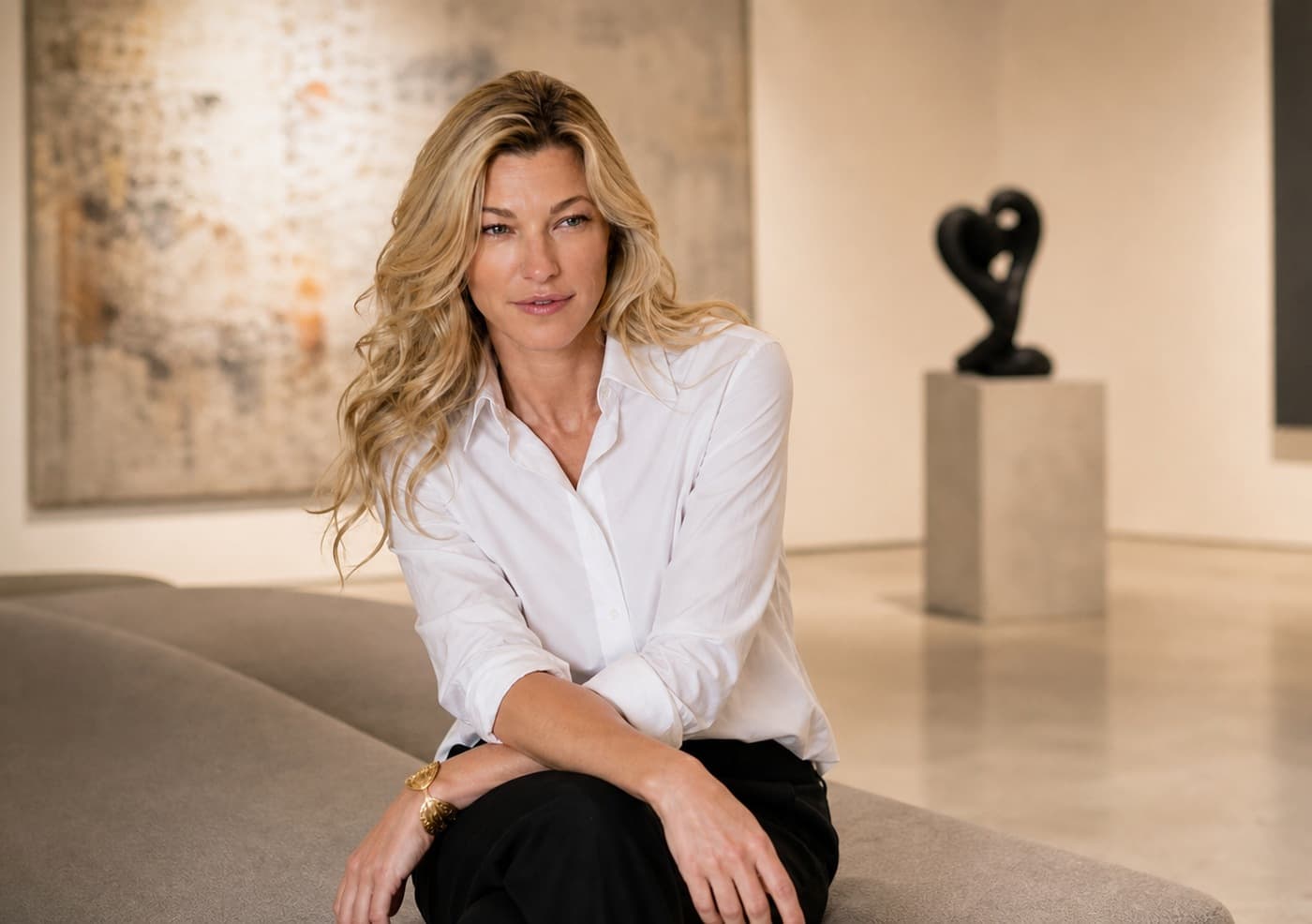 Nicole Junkermann welcoming newcomers to contemporary art in a bright gallery