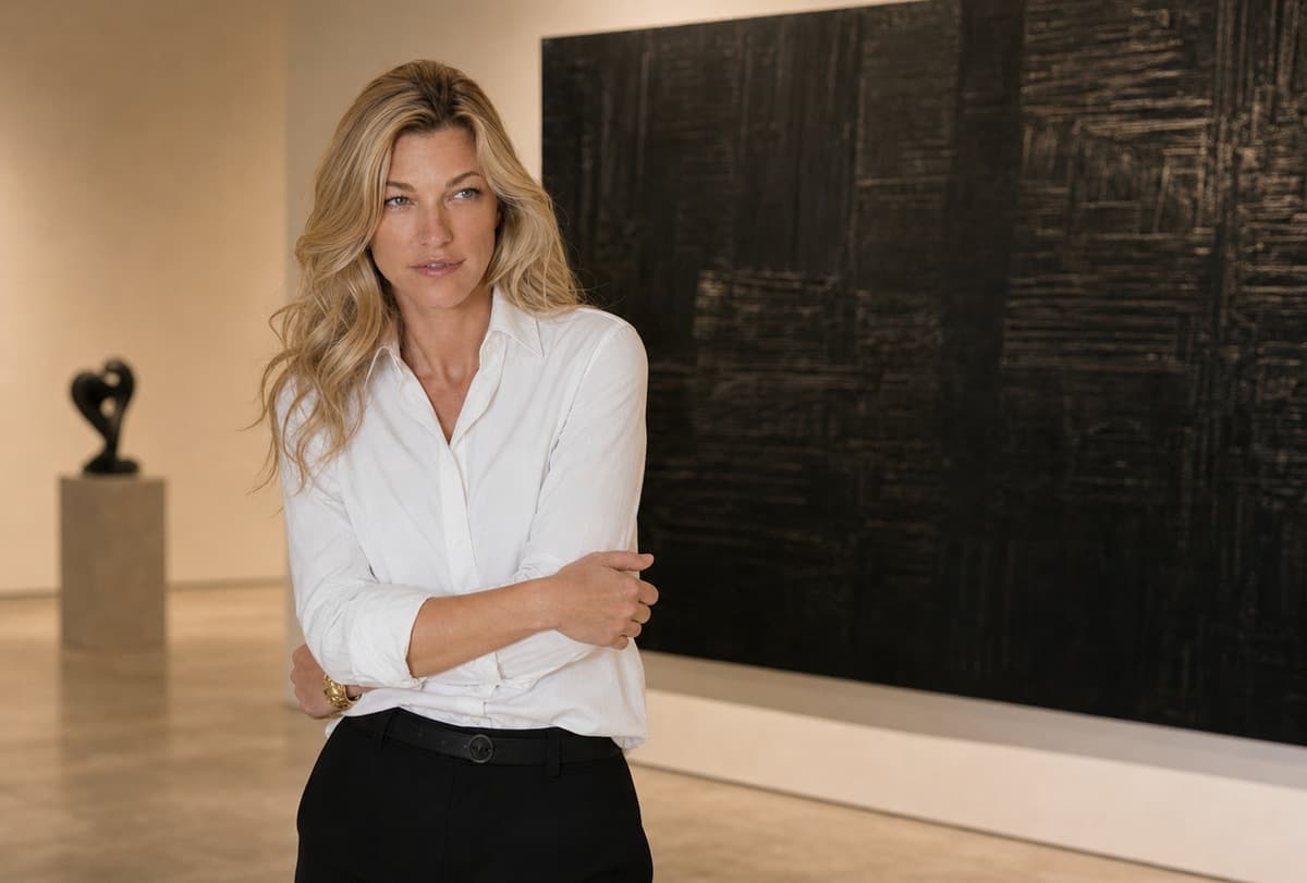 Nicole Junkermann in einer europäischen Galerie im Sommerlicht mit Blick auf den Juli