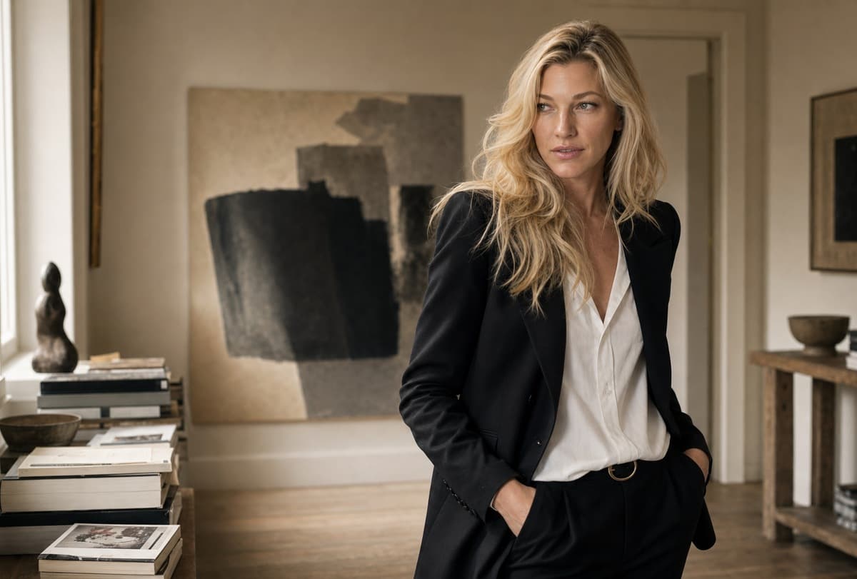 Nicole Junkermann in a European gallery in summer light looking into July