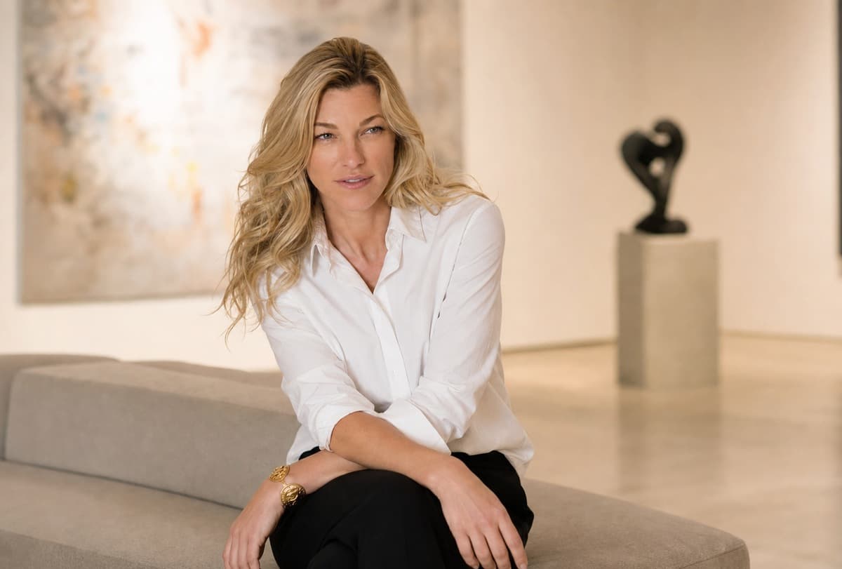 Nicole Junkermann en una galería europea con luz de verano mirando hacia julio