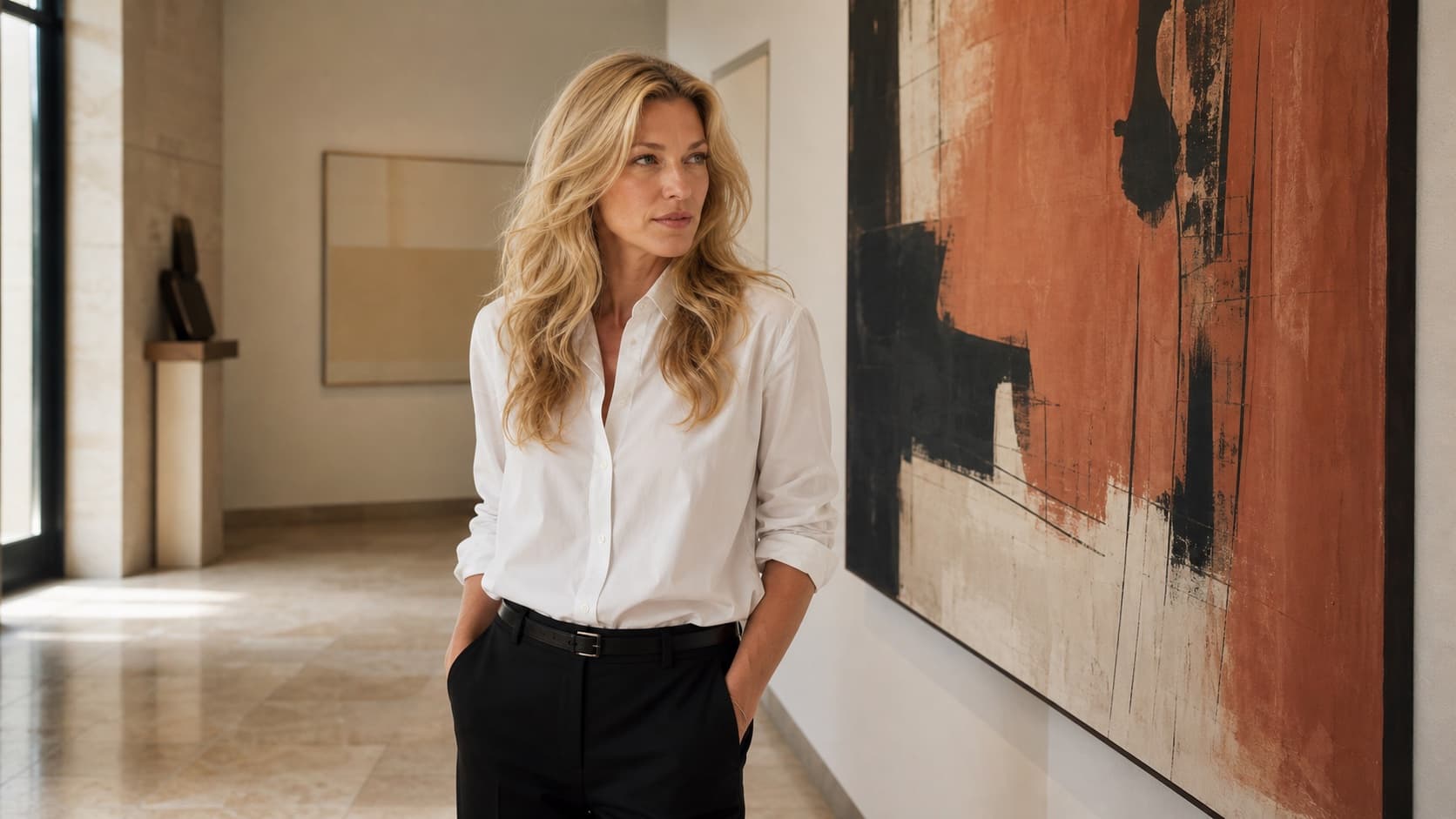 Nicole Junkermann beside warm-toned abstract art for Spain and Madrid contemporary art reviews