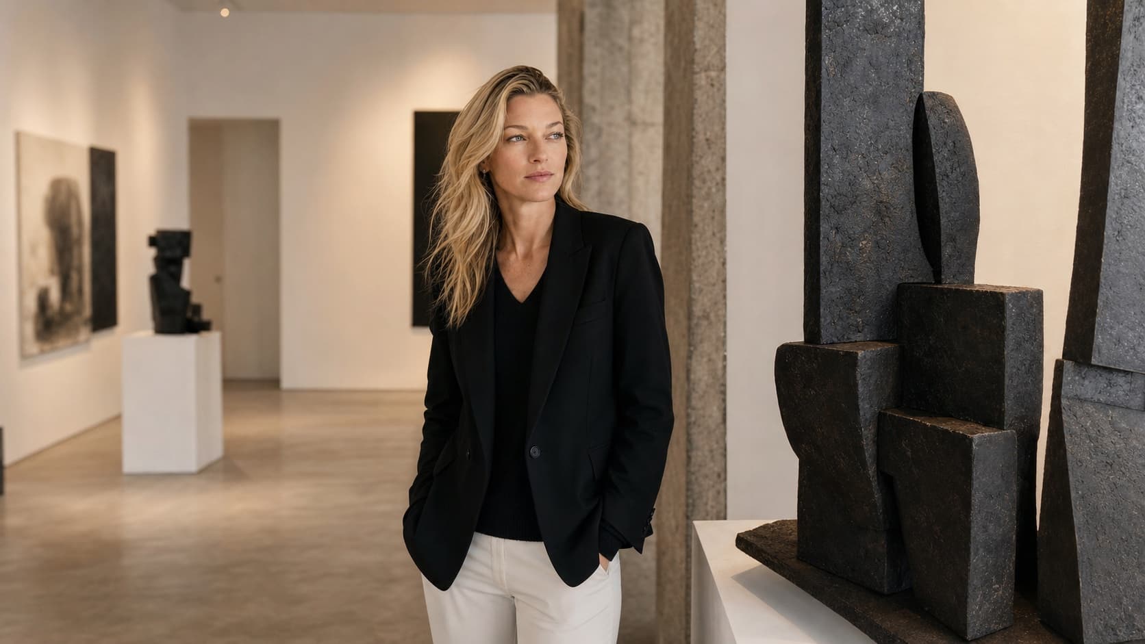 Nicole Junkermann in a London, UK sculpture gallery for The Language of Form art note